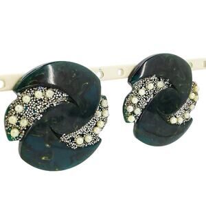 Large Blue Moon Bakelite & Faux Pearls Earrings Marbled Swirls Translucent Green